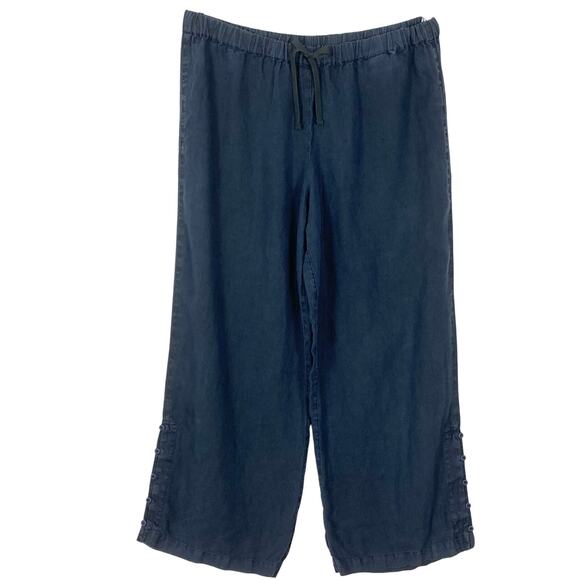 nwot 120% LINO Pants Women 44~M~L W40”Navy Wide Slit Button Pull-Up Drawstring - Picture 1 of 13